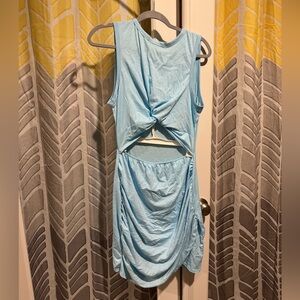 Light blue casual skater dress faux wrap skirt